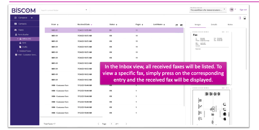 screenshot of Biscom Digital Fax